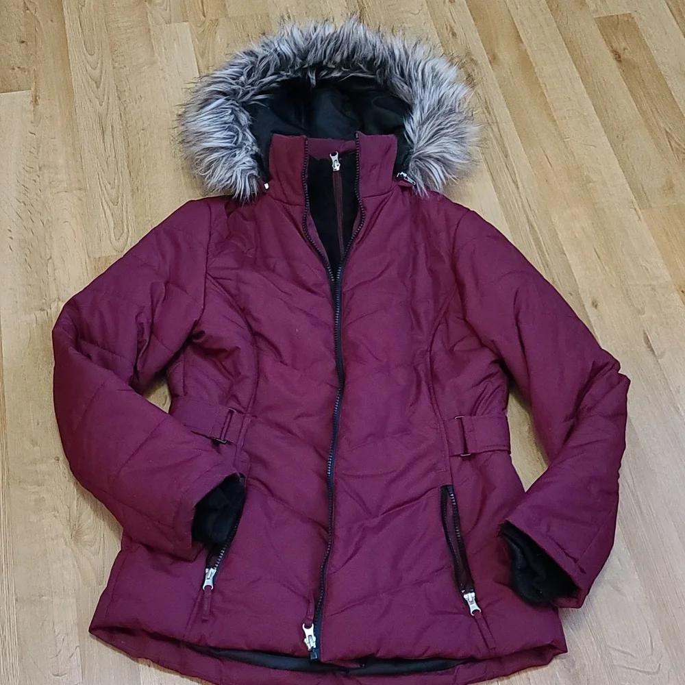 Free Country puffer coat w removable zipper fur hoodie maroon color size small - Picture 4 of 12